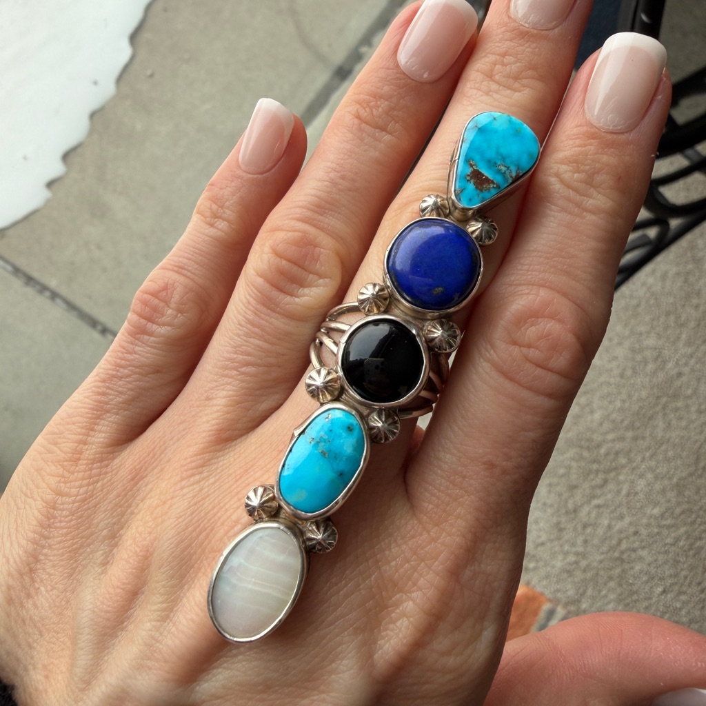 Sterling Silver Turquoise, Onyx, Lapis, Mother Of Pearl Statement Ring